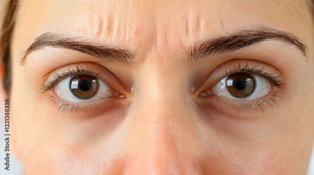 Fototapeta premium Close-up view of a woman's face highlighting clear blue eyes and fine lines, captured indoors with soft lighting