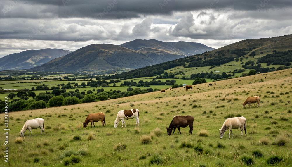 Grazing Cows in a Serene Valley Grazing Cows in a Serene Valley
