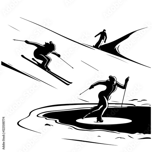 Silhouettes of people skiing down the mountain. Vector monochrome image about winter sports
