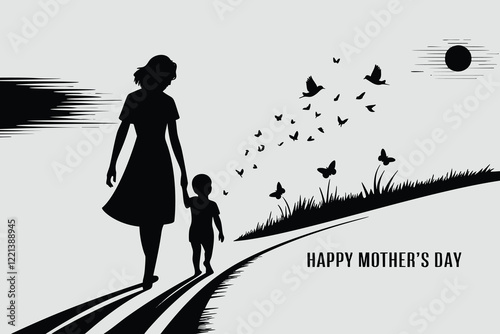 A heartwarming silhouette image of a mother and child walking hand-in-hand on a path, signifying a loving relationship