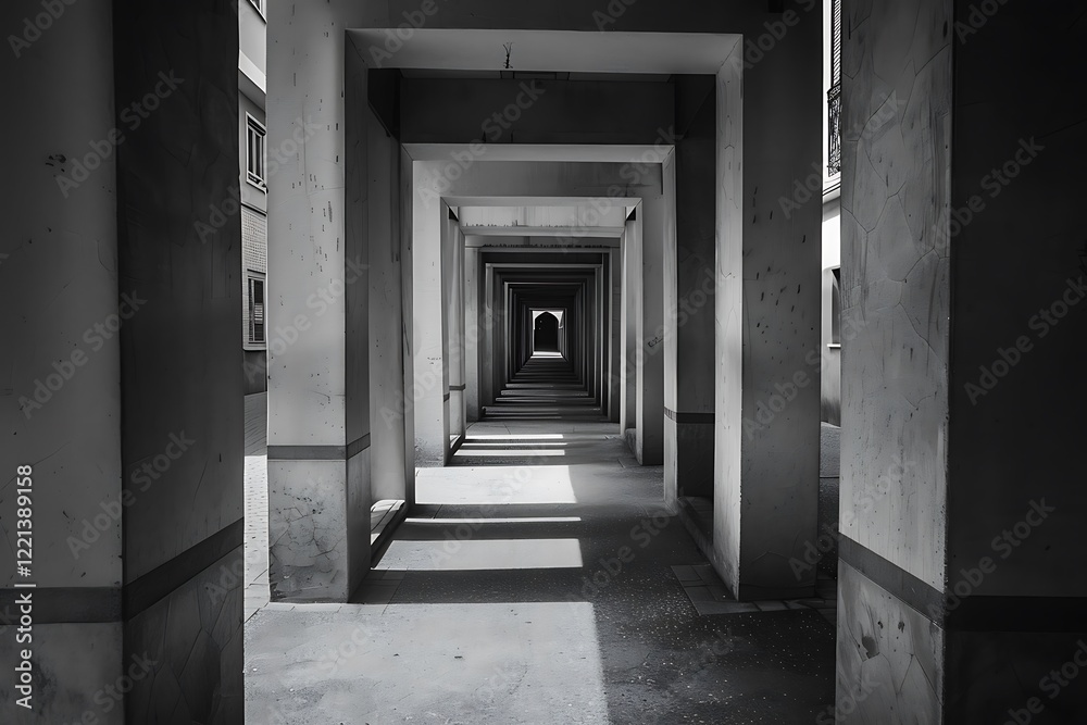 A long, narrow, monochrome corridor with repeating concrete pillars and receding perspective. Sunlight casts shadows, creating depth and a sense of mystery. A long, narrow, monochrome corridor with repeating concrete pillars and receding perspective. Sunlight casts shadows, creating depth and a sense of mystery.