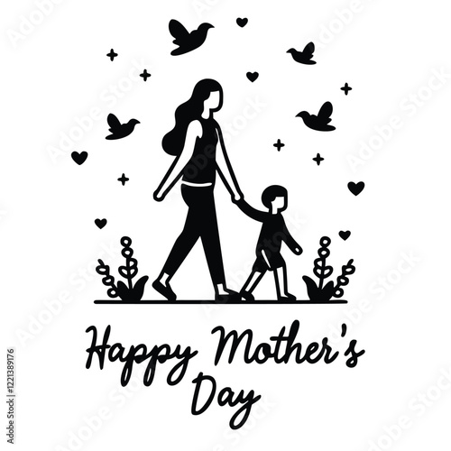 A simple, stylized black and white illustration of a mother and child walking hand-in-hand