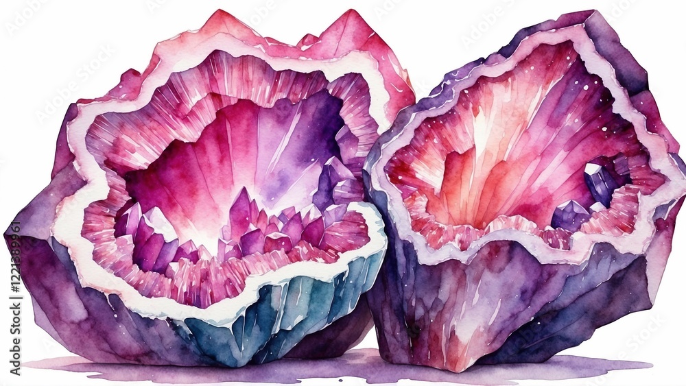 Obraz premium Watercolor illustration of stunning amethyst geodes with vibrant crystals and intricate details for artistic design