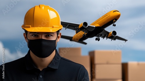 Air Freight Worker: A focused worker in a yellow hard hat and protective face mask stands determinedly before a stack of cargo boxes, with an airplane taking off in the background. photo