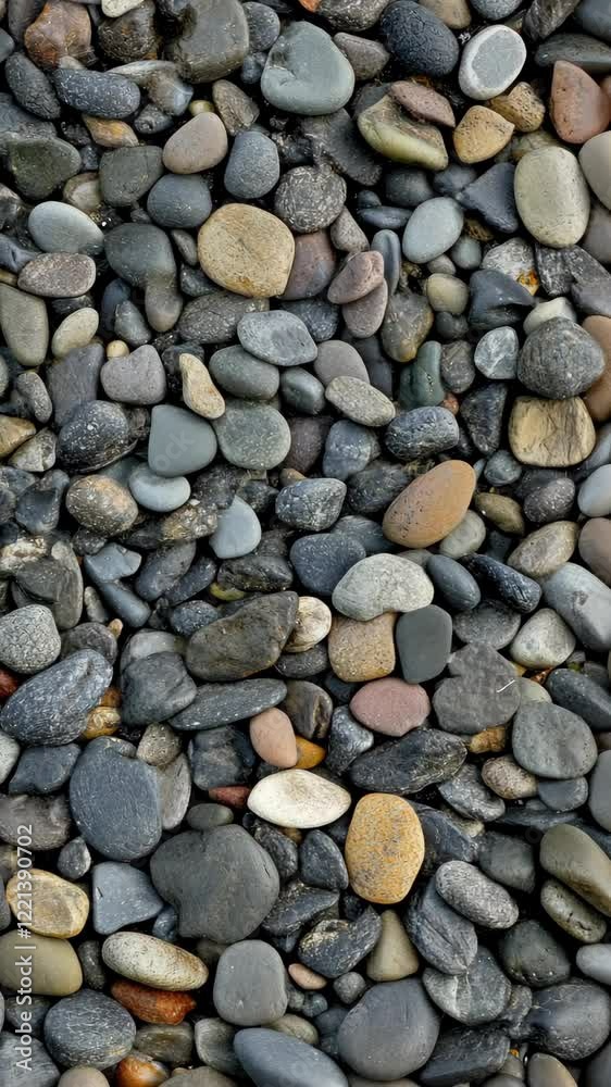 Various smooth pebbles scattered on the ground, showcasing a range of colors and textures at a natural location Various smooth pebbles scattered on the ground, showcasing a range of colors and textures at a natural location