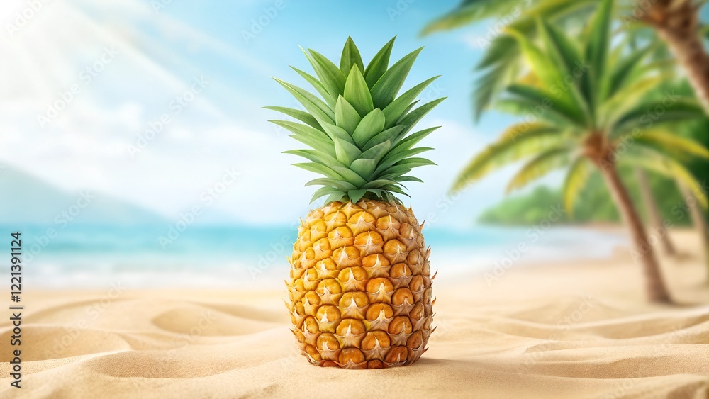 A ripe pineapple standing on soft golden sand against a blurred tropical beach background with palm trees and blue skies, evoking a tropical vibe. A ripe pineapple standing on soft golden sand against a blurred tropical beach background with palm trees and blue skies, evoking a tropical vibe.