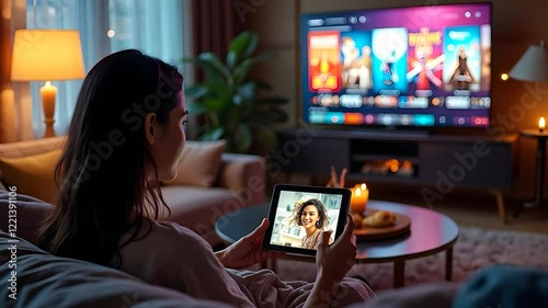 Woman using a tablet for video call while watching TV at home