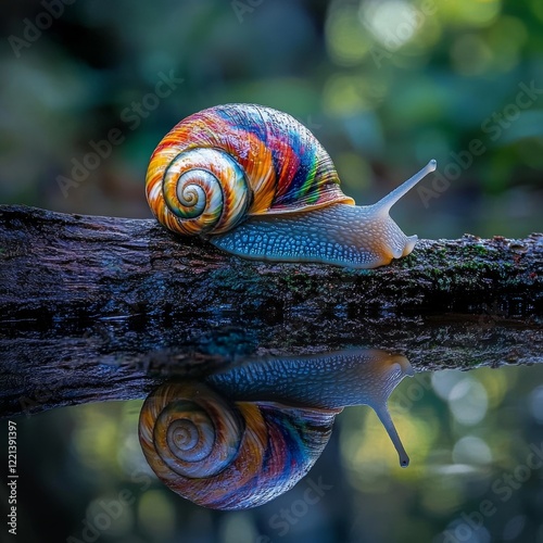 The image showcases a strikingly colorful snail gracefully gliding along a branch, its vibrant shell perfectly mirrored on calm water, filled with serene beauty. photo