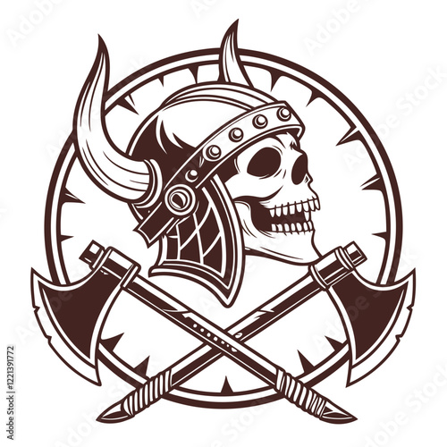 Viking skull head in helmet with horns and crossed axes