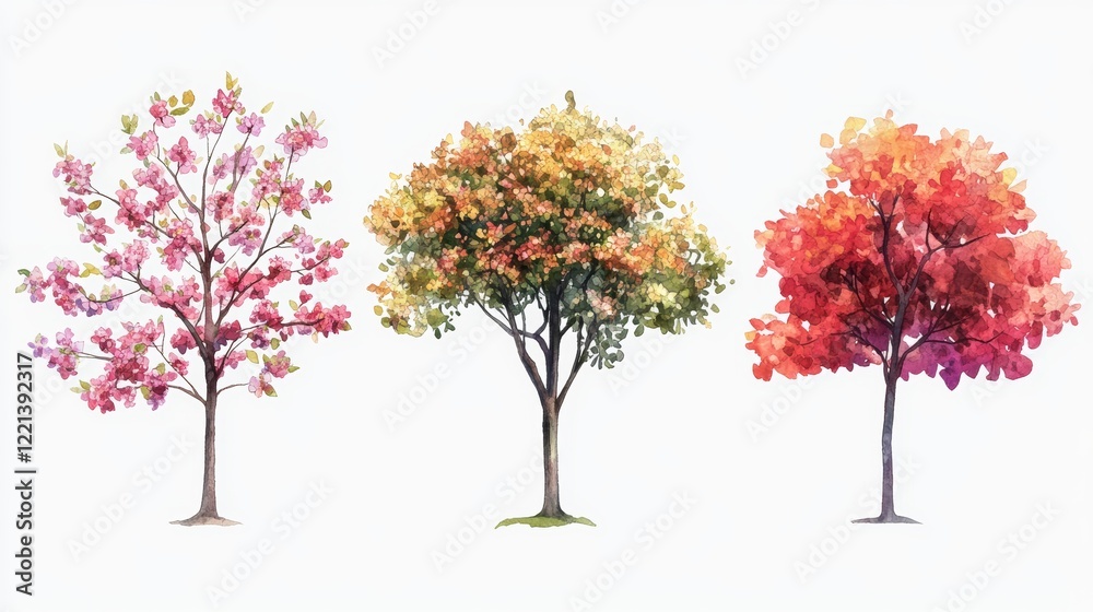 Fototapeta premium Vector set of spring blossom tree blooming plants for landscape elevation and section eco environment concept