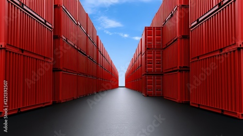 Red Shipping Containers: A perspective view down a long corridor of stacked red shipping containers, stretching towards a bright blue sky.  The image symbolizes global trade, logistics.