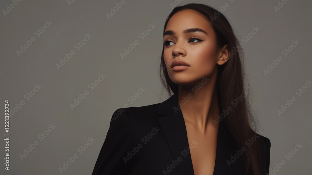 Fototapeta premium Image of a stunning half-body portrait of a confident businesswoman wearing a sleek black blazer, standing against a neutral gray background