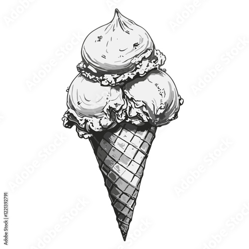Ice cream cone with scoops in black and white sketch style.