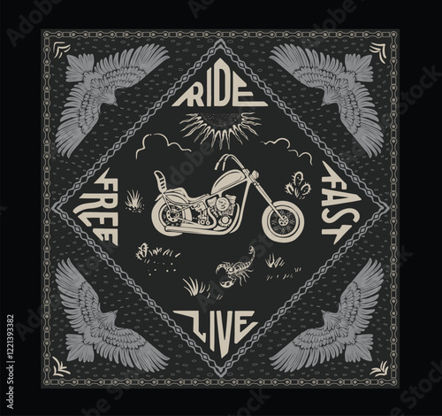 Vintage western biker bandana design, western desert artwork for t shirt, sweater, poster, embroidery, Motorbike with eagle in desert vector art 