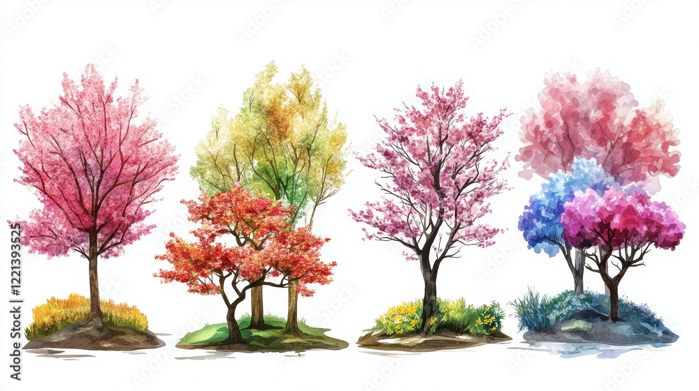 Naklejka premium Spring Blossom Trees Blooming in Landscape Elevation and Section for Eco-Environment Concept