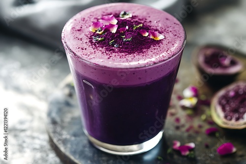 A deep purple acai latte with a smooth foam top, dusted with acai powder and edible flower petals.