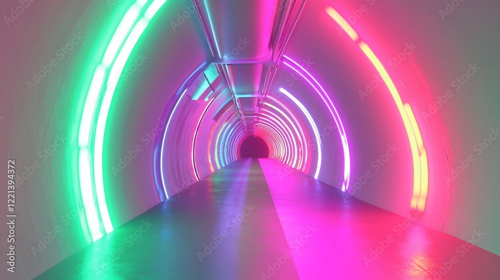 Neon lighted tunnel with a central path and a round architecture with colorful lights Neon lighted tunnel with a central path and a round architecture with colorful lights