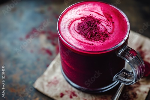 A deep red beetroot latte with a smooth foam and a slight swirl of beetroot powder.
