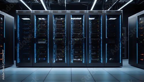 Sleek Server Racks: A Cool Blue-Lit Data Center Interior