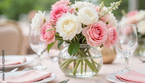 Elegant floral centerpieces with pink and white blooms on table, celebration, Spring Weddings