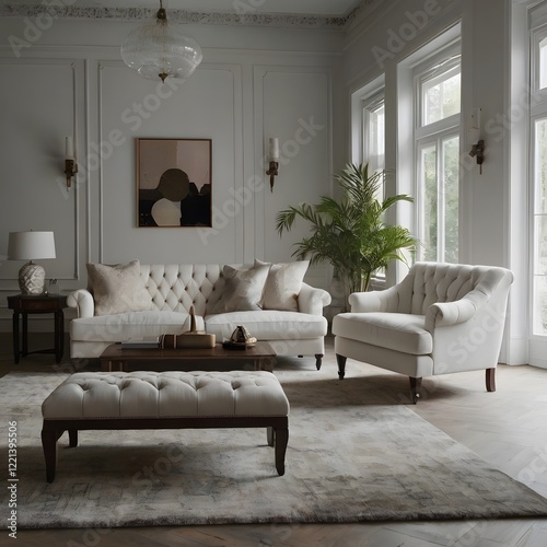 Large open concept living room with multiple expansive windows with view to garden landscaping comfortable furniture tv recliner electric fireplace hardwood floor white interior houseplant area rug