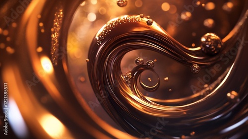 Abstract swirling gold liquid with sparkling spheres and bokeh effect