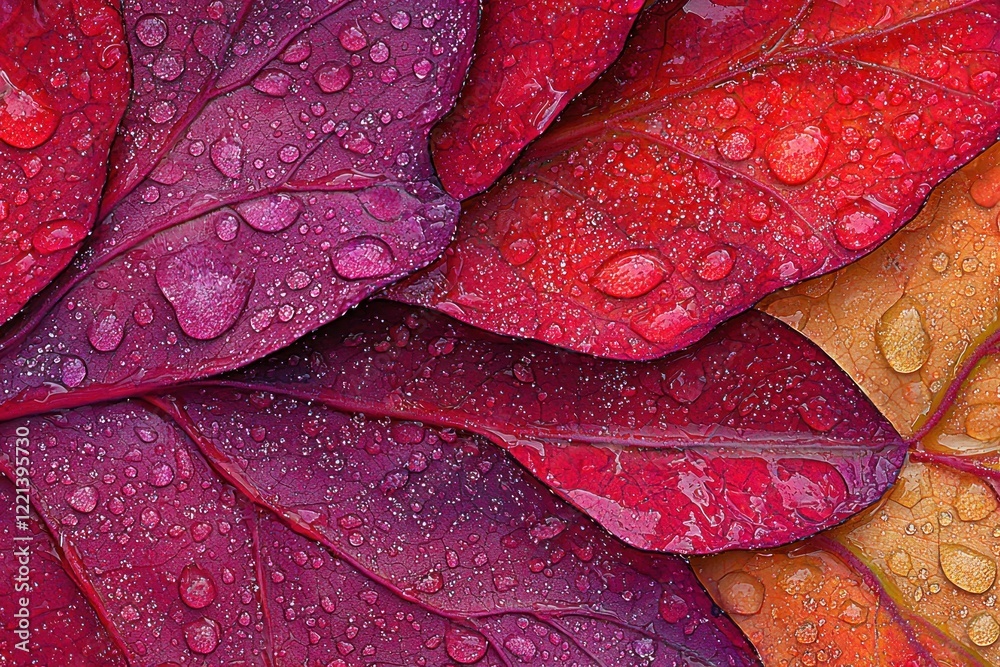 Fototapeta premium Dew-kissed autumn leaves, vibrant hues, close-up, nature backdrop, design