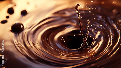 Dark liquid drop splash creates concentric circles with a warm and reflective surface