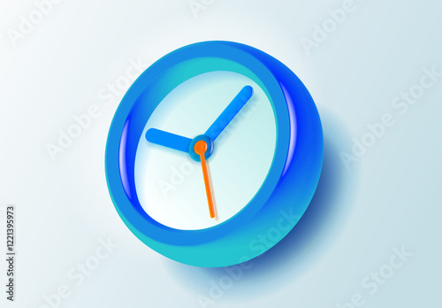 Clock icon in 3d vector style, with glass glow effect. Blue time on light background. Color watch. Design element for you modern project