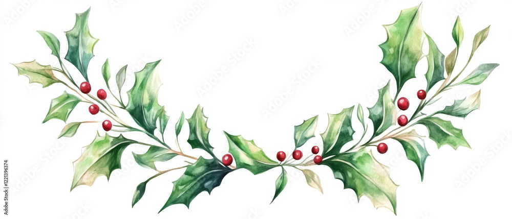 Fototapeta premium Lush green holly leaves with red berries create festive garland design