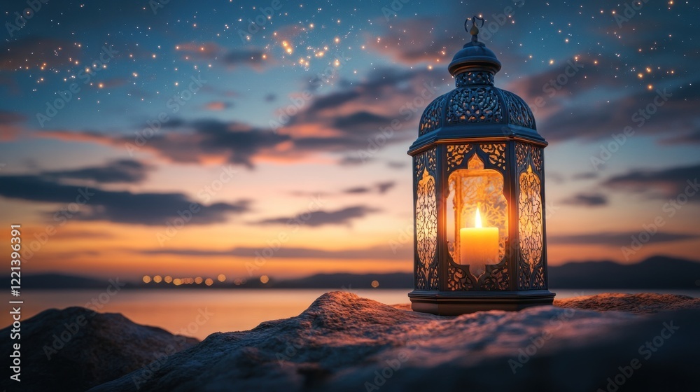 Illuminated Lantern at Sunset by the Sea