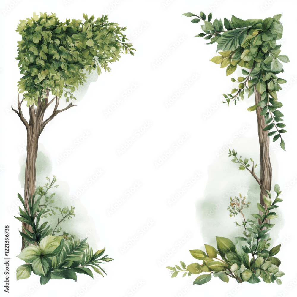 Fototapeta premium Lush green trees and foliage create serene, natural frame for any design