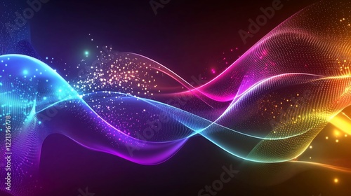 Abstract Digital Waves with Vibrant Colors and Sparkle on Dark Background