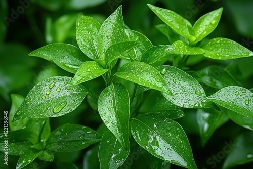 Dew-kissed leaves, garden, lush background, nature photo