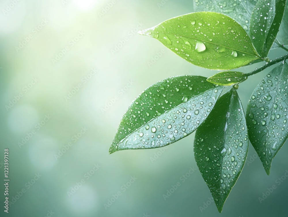 Fototapeta premium Dew-kissed leaves, sunlit forest, nature backdrop