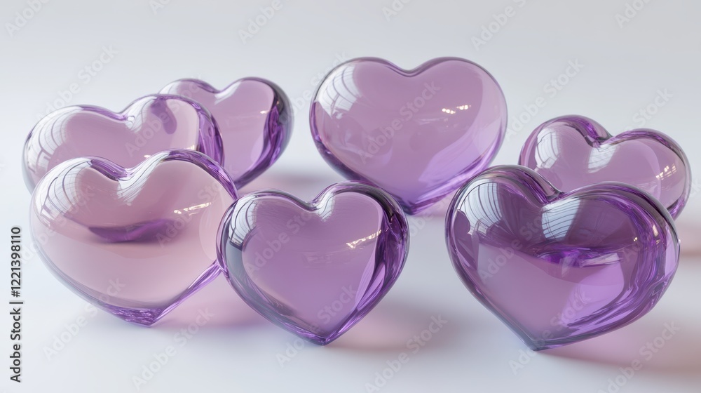 Purple glass hearts form a beautiful circle on a white background, perfect for Valentine's Day decorations. Purple glass hearts form a beautiful circle on a white background, perfect for Valentine's Day decorations.