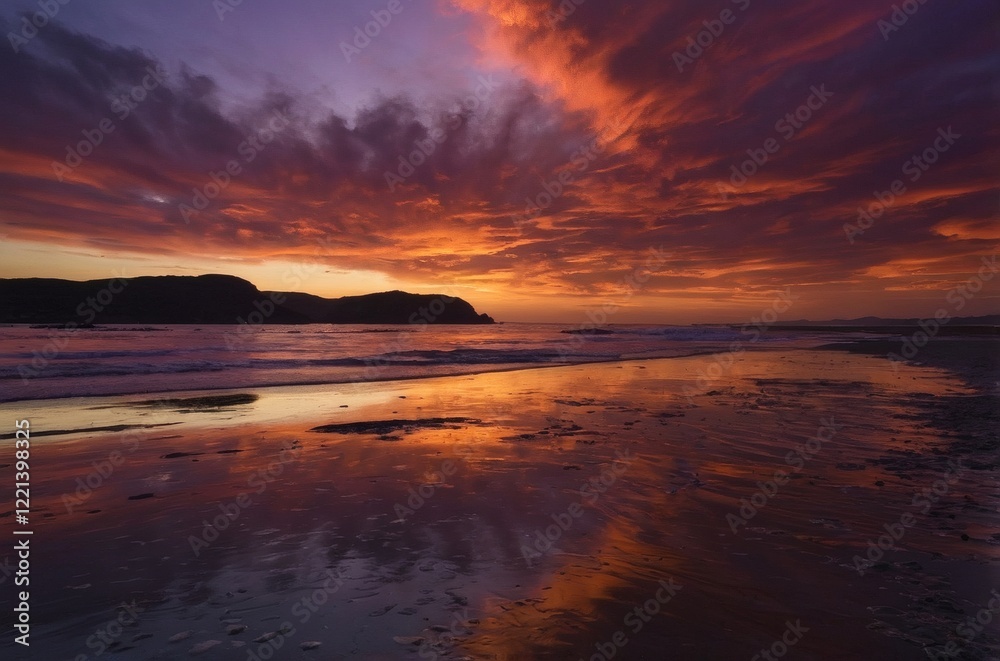 Vibrant sunset over tranquil beach with reflective water and dramatic cloud formations in serene coastal location Vibrant sunset over tranquil beach with reflective water and dramatic cloud formations in serene coastal location