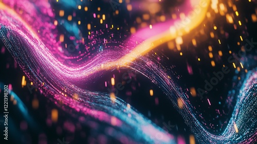 Abstract flowing lines with glowing particles in pink blue and orange hues on a dark background