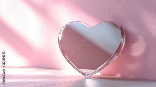 A heart-shaped mirror rests on a table, adding a romantic touch to the room's decor.