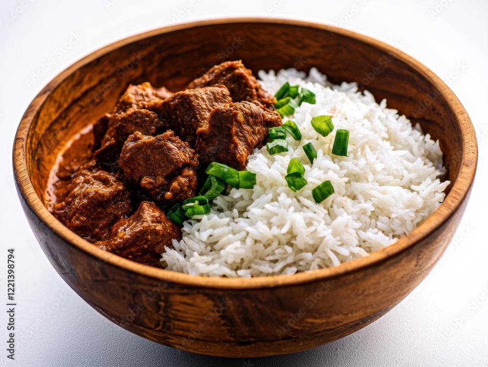 Indonesian rendang beef curry with steamed rice culinary delight home kitchen comfort food close-up rich aromatic spices Indonesian rendang beef curry with steamed rice culinary delight home kitchen comfort food close-up rich aromatic spices
