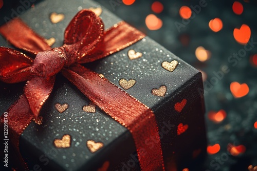 A black gift box adorned with a red ribbon and hearts, perfect for Valentine's Day surprises.
