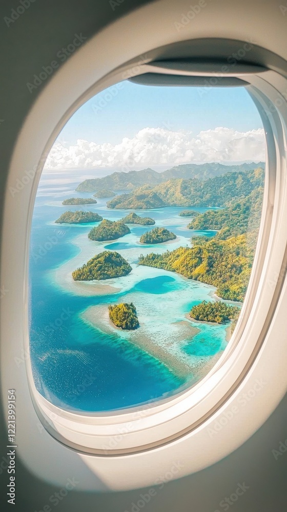 Airplane window view of tropical islands in turquoise waters sunny mood aerial scenic landscape cheerful atmosphere
