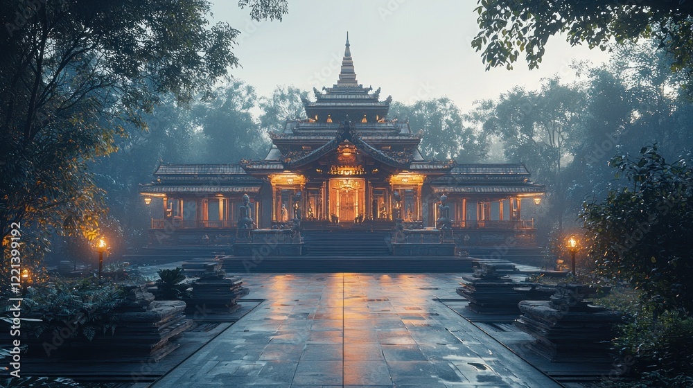 Obraz premium Golden Temple Enveloped in Misty Forest at Dawn
