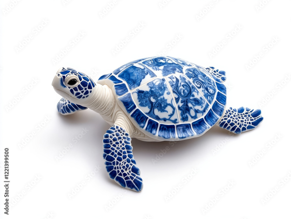 Fototapeta premium Elegant sea turtle adorned with intricate blue mosaic patterns, showcasing artistry and craftsmanship