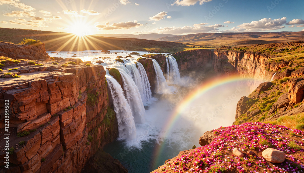 Fototapeta premium Breathtaking waterfall cascading petals in hidden canyon, spring beauty