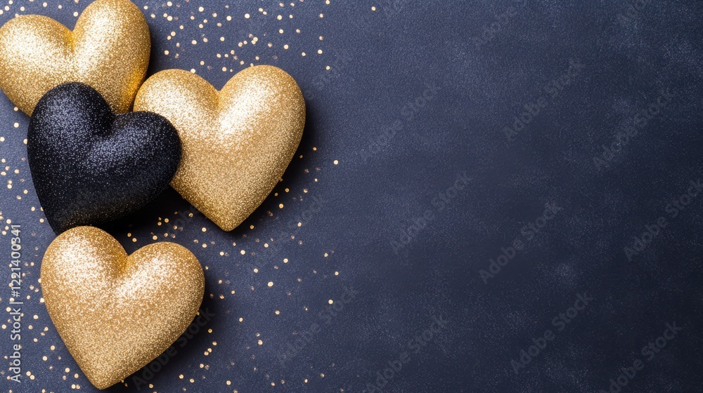 Obraz premium Three elegant gold and black hearts shimmer against a blue background with sparkling gold glitter.