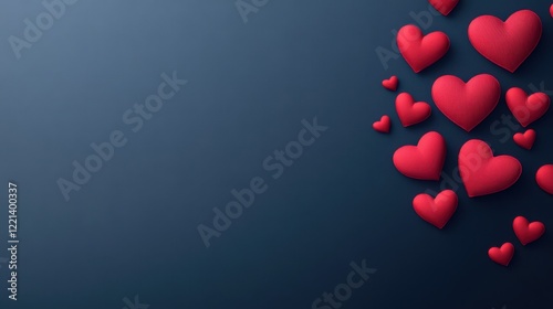 Red hearts are scattered across a dark blue background, creating a romantic atmosphere perfect for Valentine's Day.