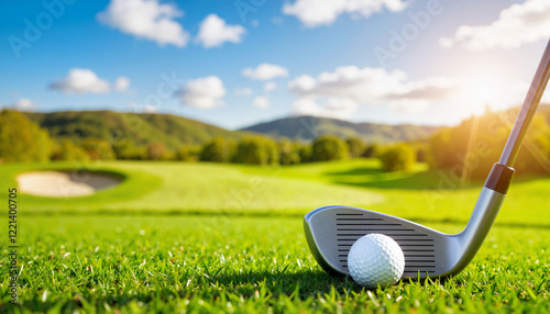 Golf club resting on green hill at pristine course, sport symbolism photo