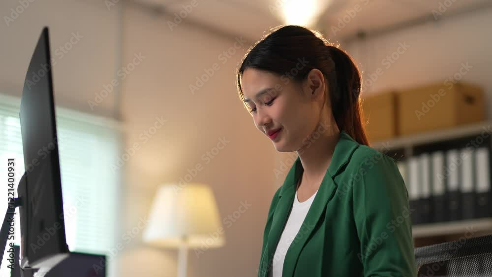 Professional businesswoman confidently working on computer at modern office desk, smiling while typing document with focused expression