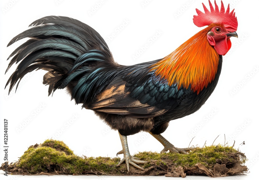 Fototapeta premium Colorful Rooster Standing Proudly on Mossy Ground, Showcasing Vibrant Feathers and Eye-Catching Comb, Perfect for Farm and Nature Themes in Stock Photography